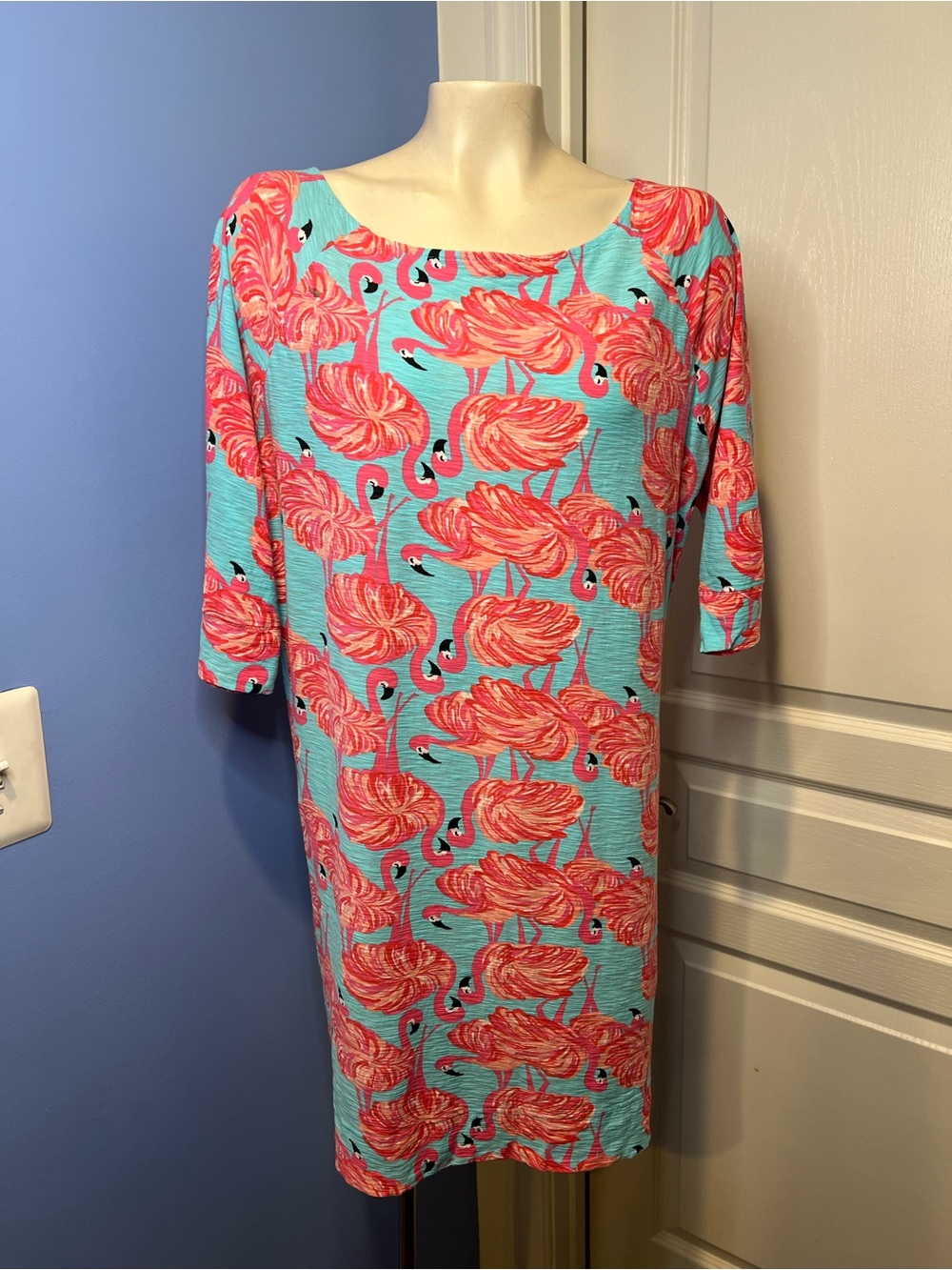 Lilly Pulitzer 100% Cotton Aqua & Coral Flamingo Print dress size Large